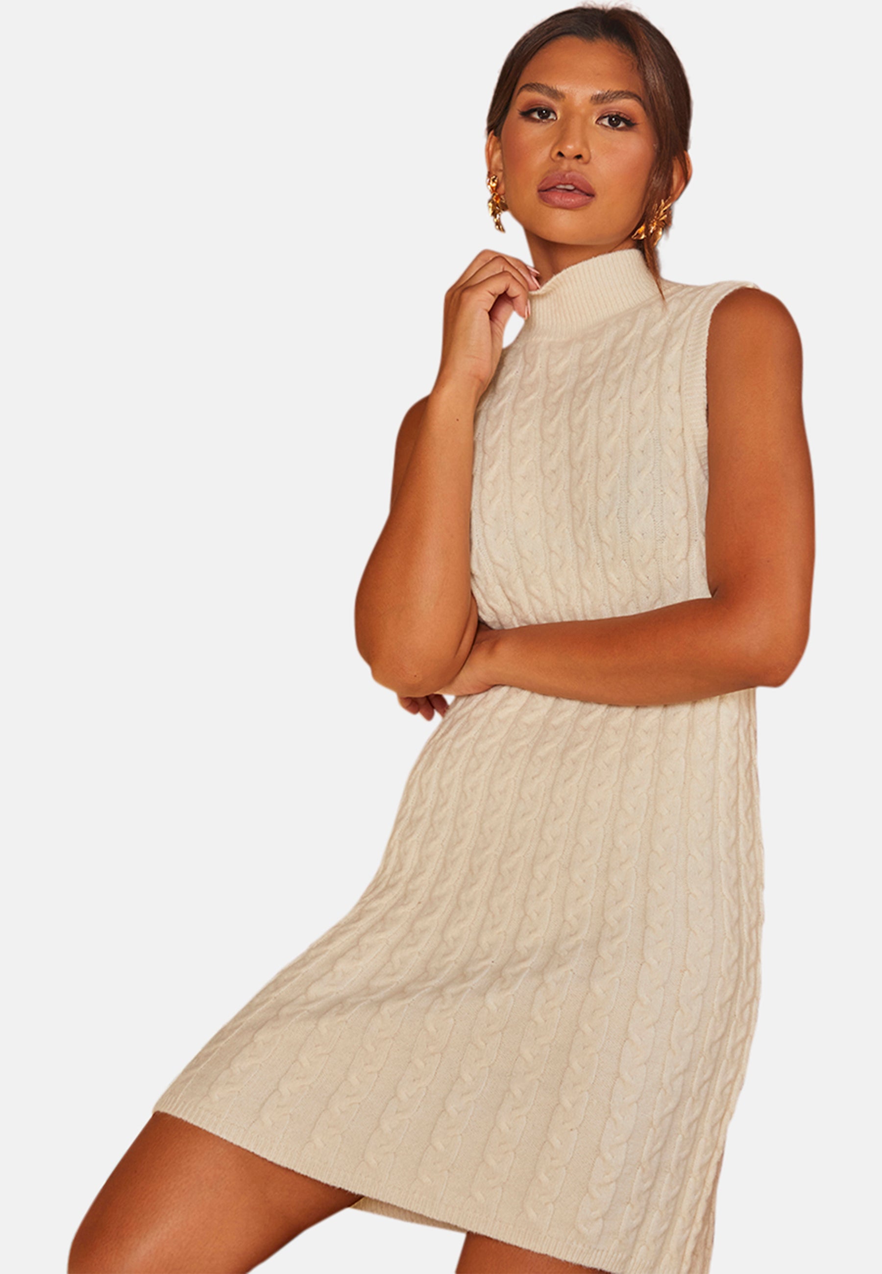 All Over Knitted Cable High Neck Mini Dress in Cream