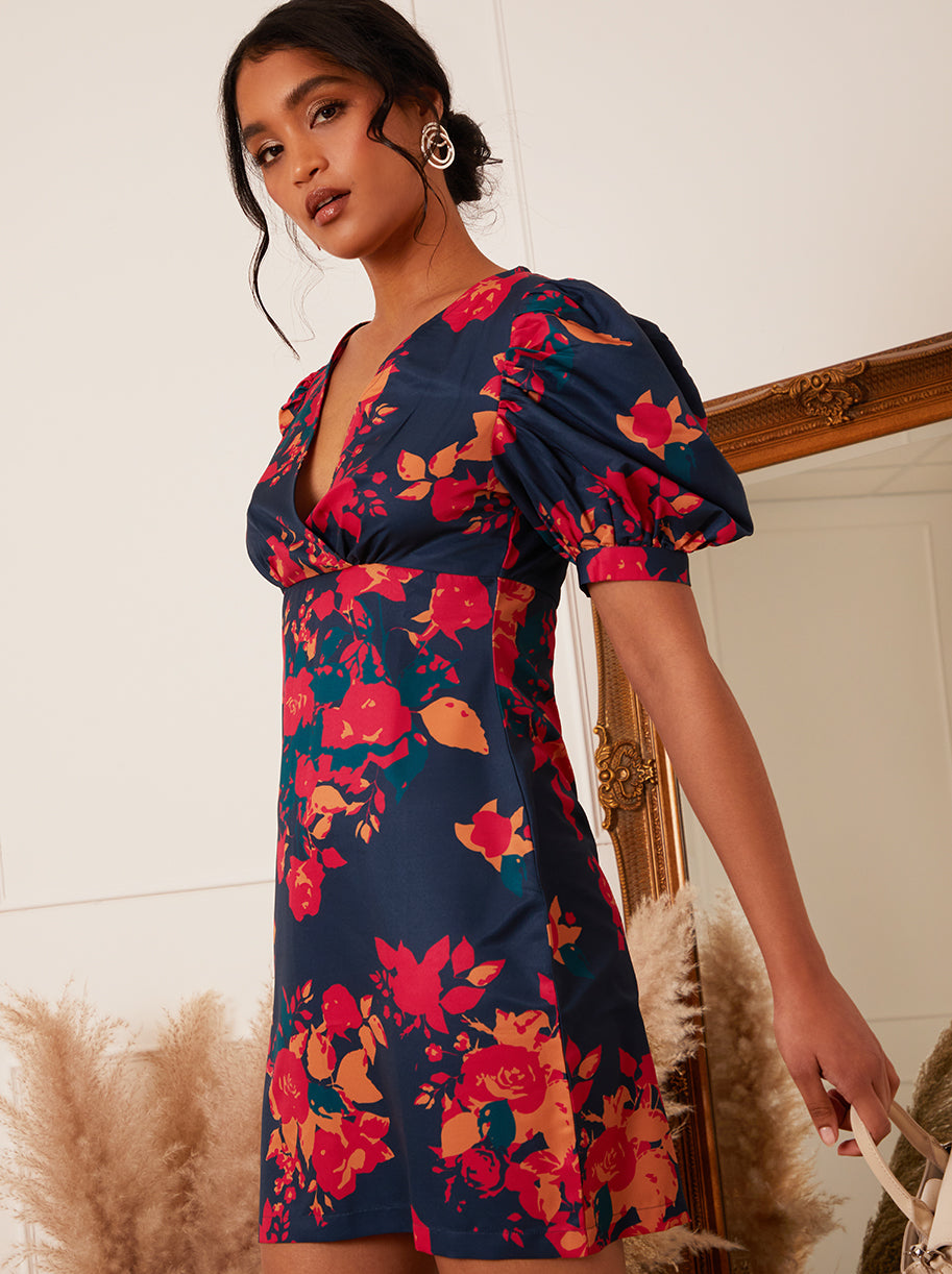 Puffed Short Sleeve Floral Mini Dress in Navy