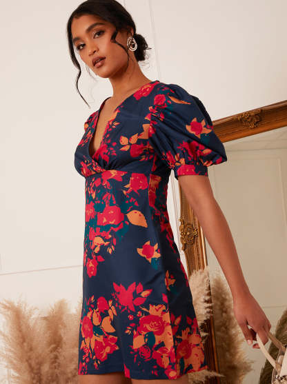 Puffed Short Sleeve Floral Mini Dress in Navy