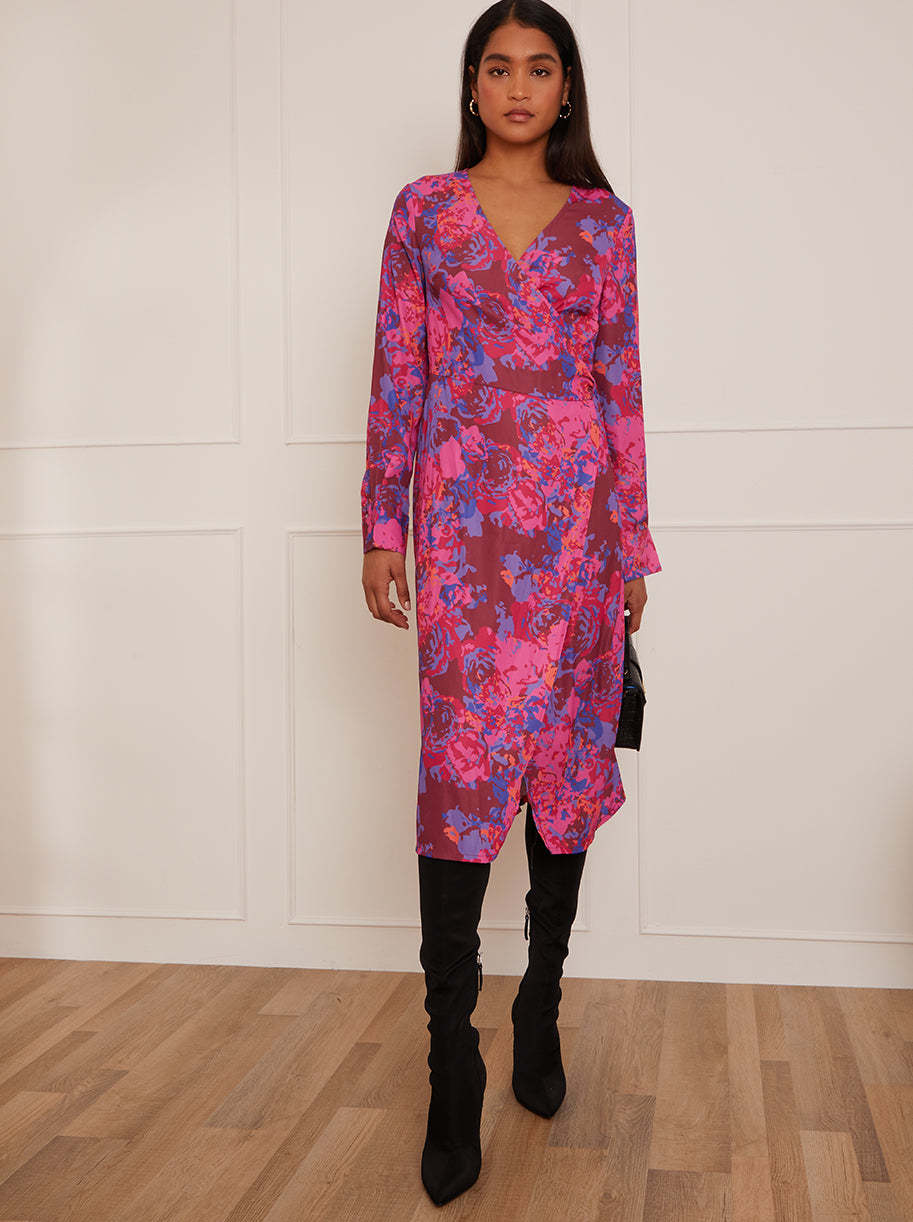 Long Sleeve Wrap Floral Midi Dress in Purple