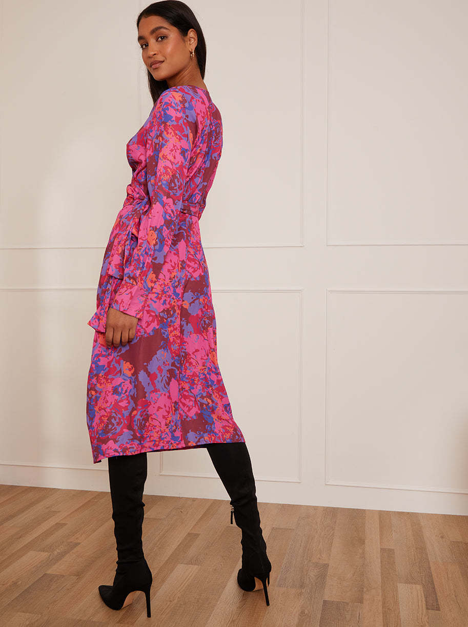 Long Sleeve Wrap Floral Midi Dress in Purple