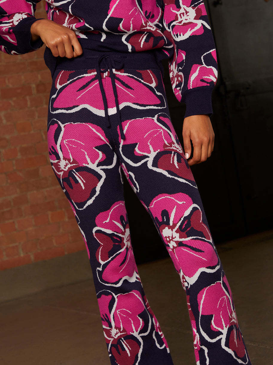Abstract Floral Wide Leg Trousers in Navy
