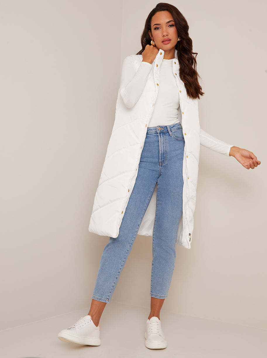 Diamond Quilt Detail Longline Padded Gilet in White