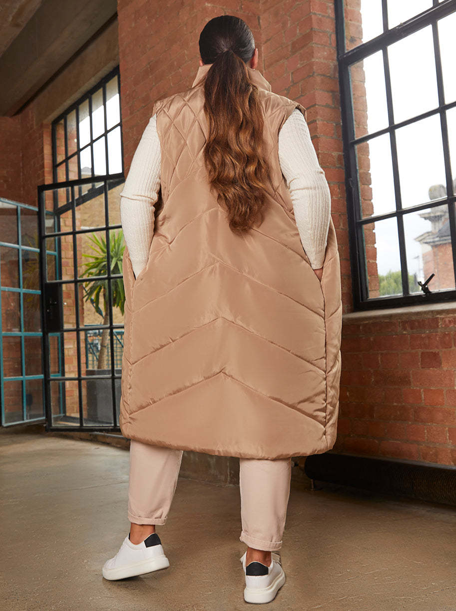 Diamond Quilt Detail Longline Padded Gilet in Tan