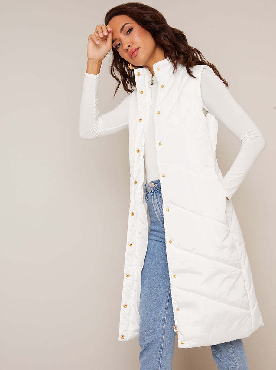 Diamond Quilt Detail Longline Padded Gilet in White
