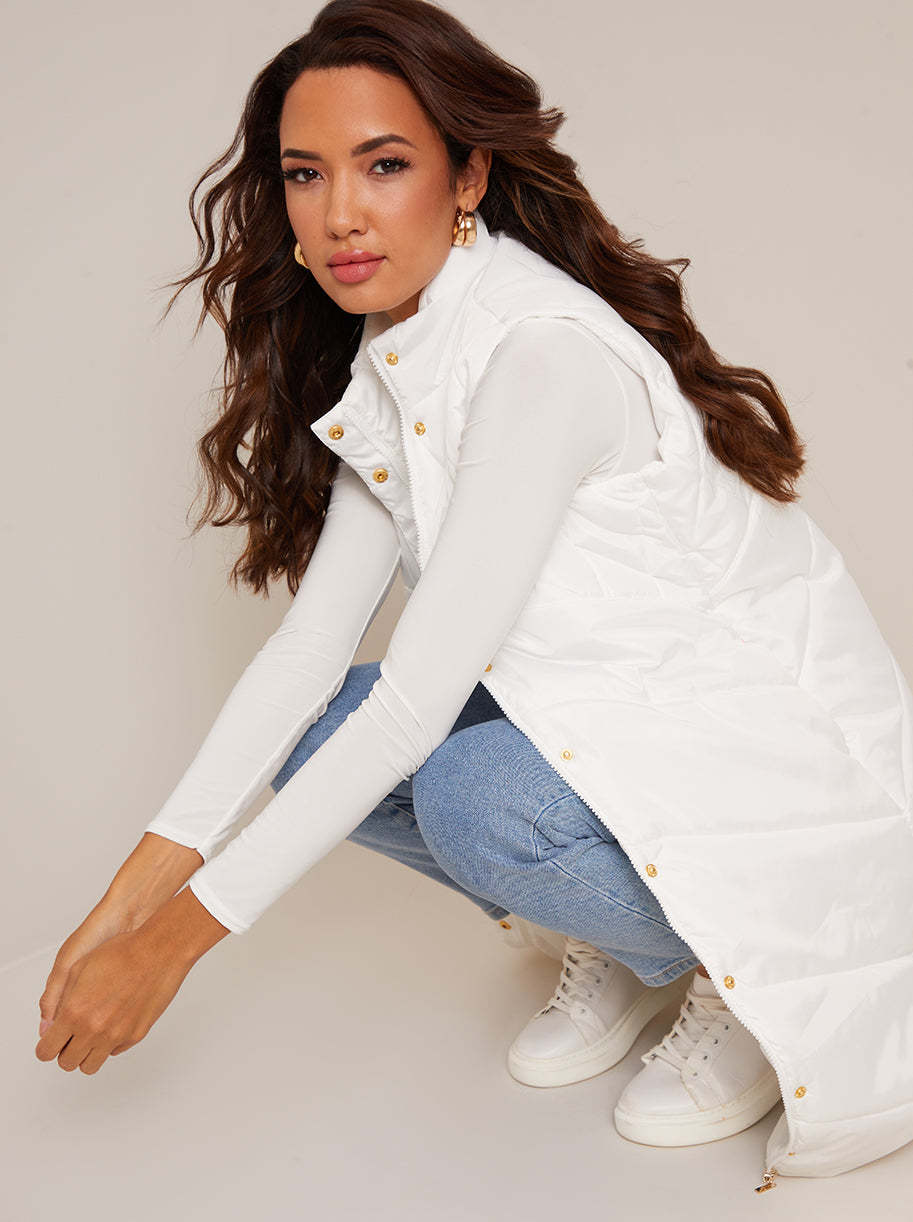 Diamond Quilt Detail Longline Padded Gilet in White
