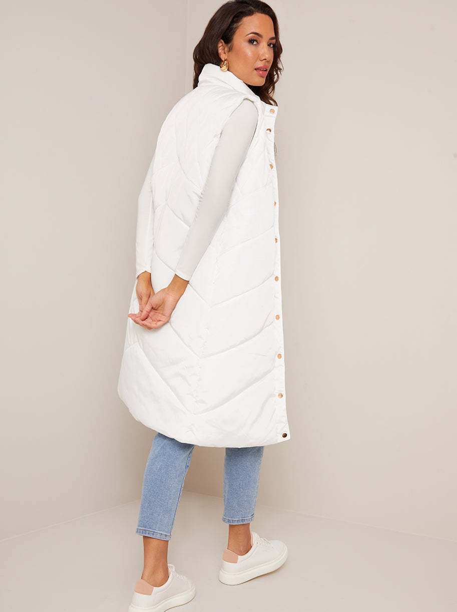 Diamond Quilt Detail Longline Padded Gilet in White