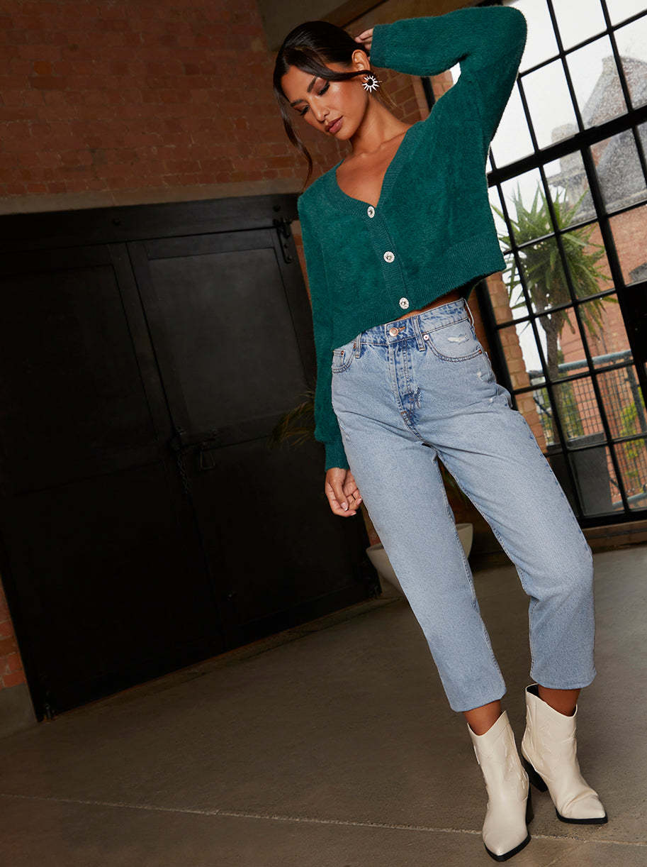 Fluffy Yarn Knitted Cardigan in Green