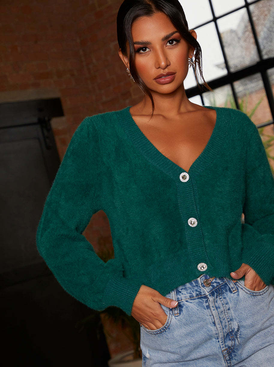 Fluffy Yarn Knitted Cardigan in Green