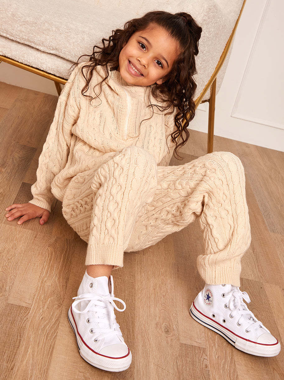 Girls Roll Neck Zip Up Cable Knit Loungewear Set in Cream
