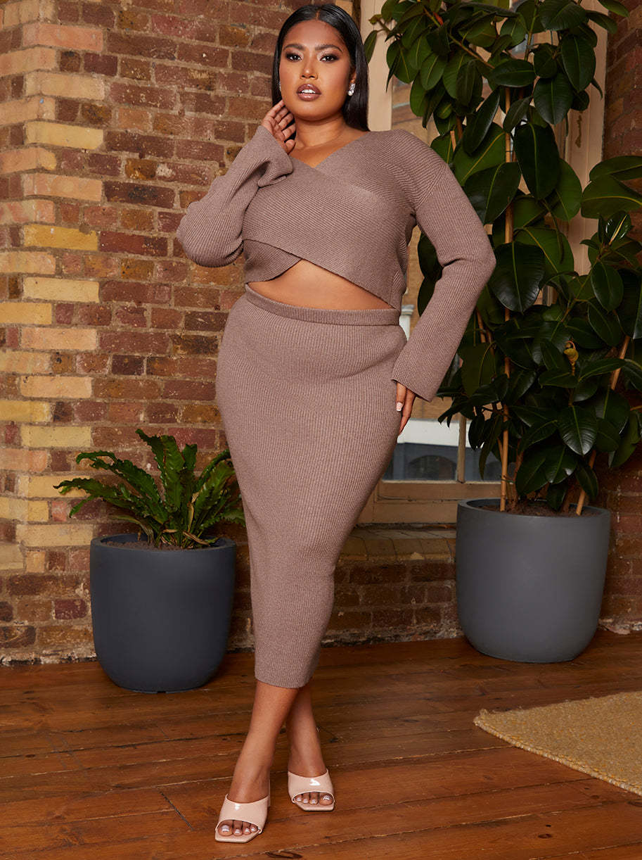 Plus Size Flute Sleeve Wrap Detail Rib Knit Top in Mocha