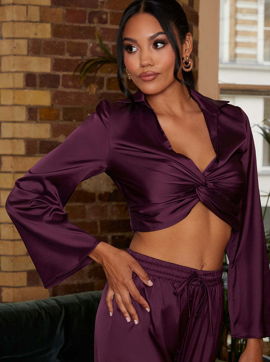Satin Twist Front Shirt in Purple