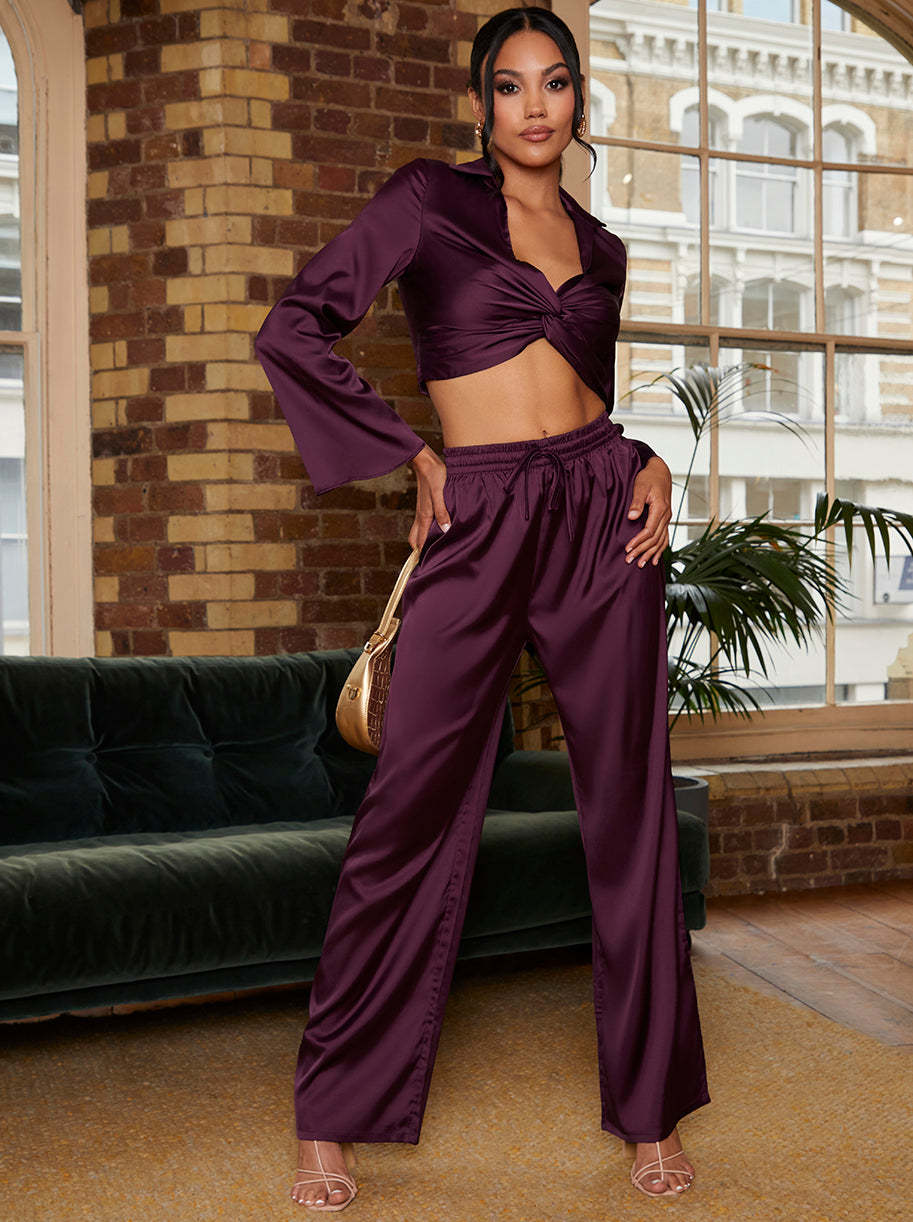 Satin Wide Leg Trouser in Purple