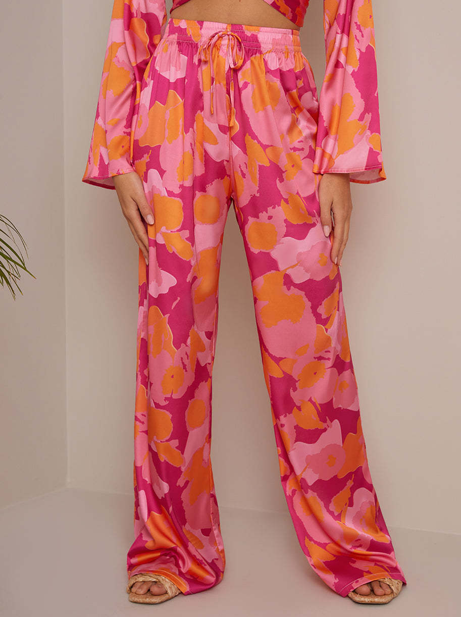 Satin Wide Leg Elasticated Waist Abstract Print in Pink