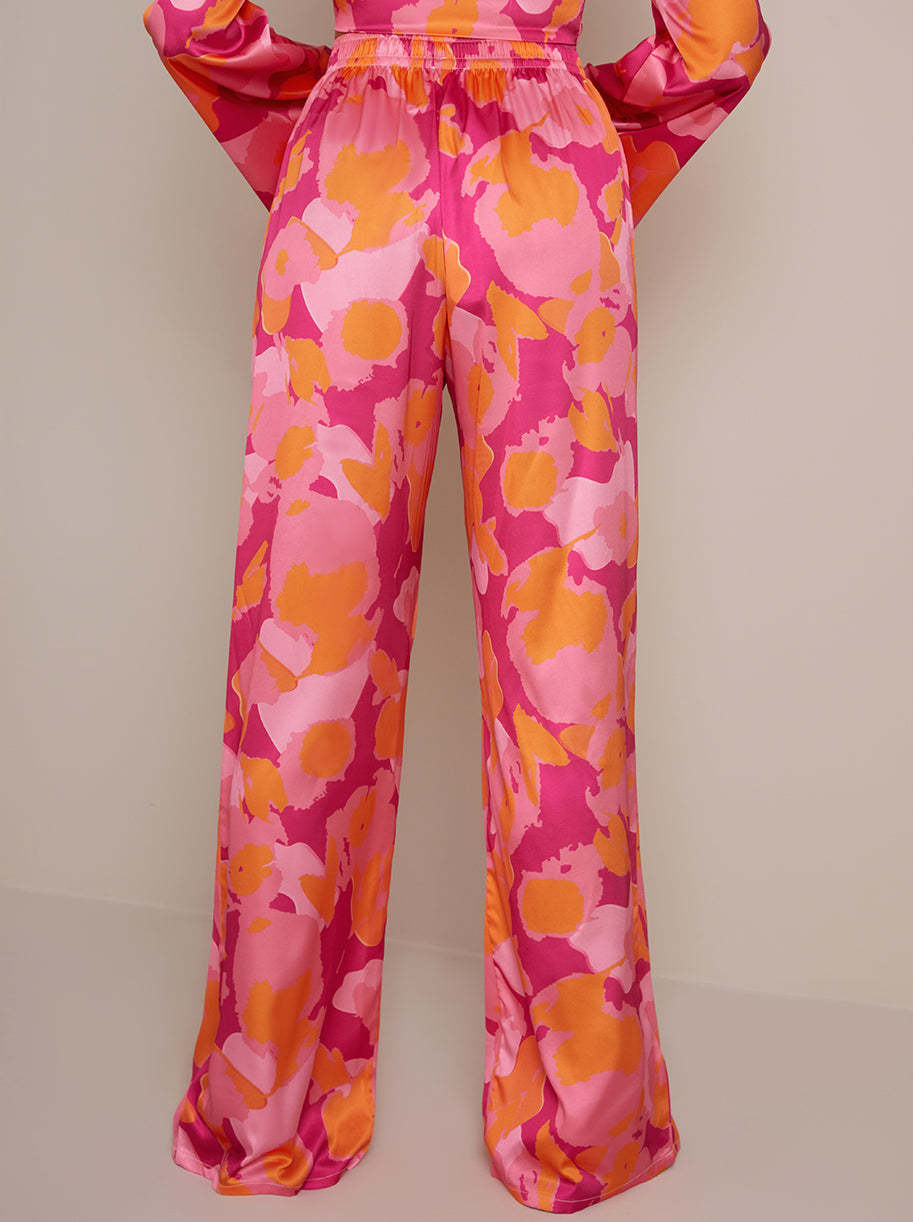 Satin Wide Leg Elasticated Waist Abstract Print in Pink