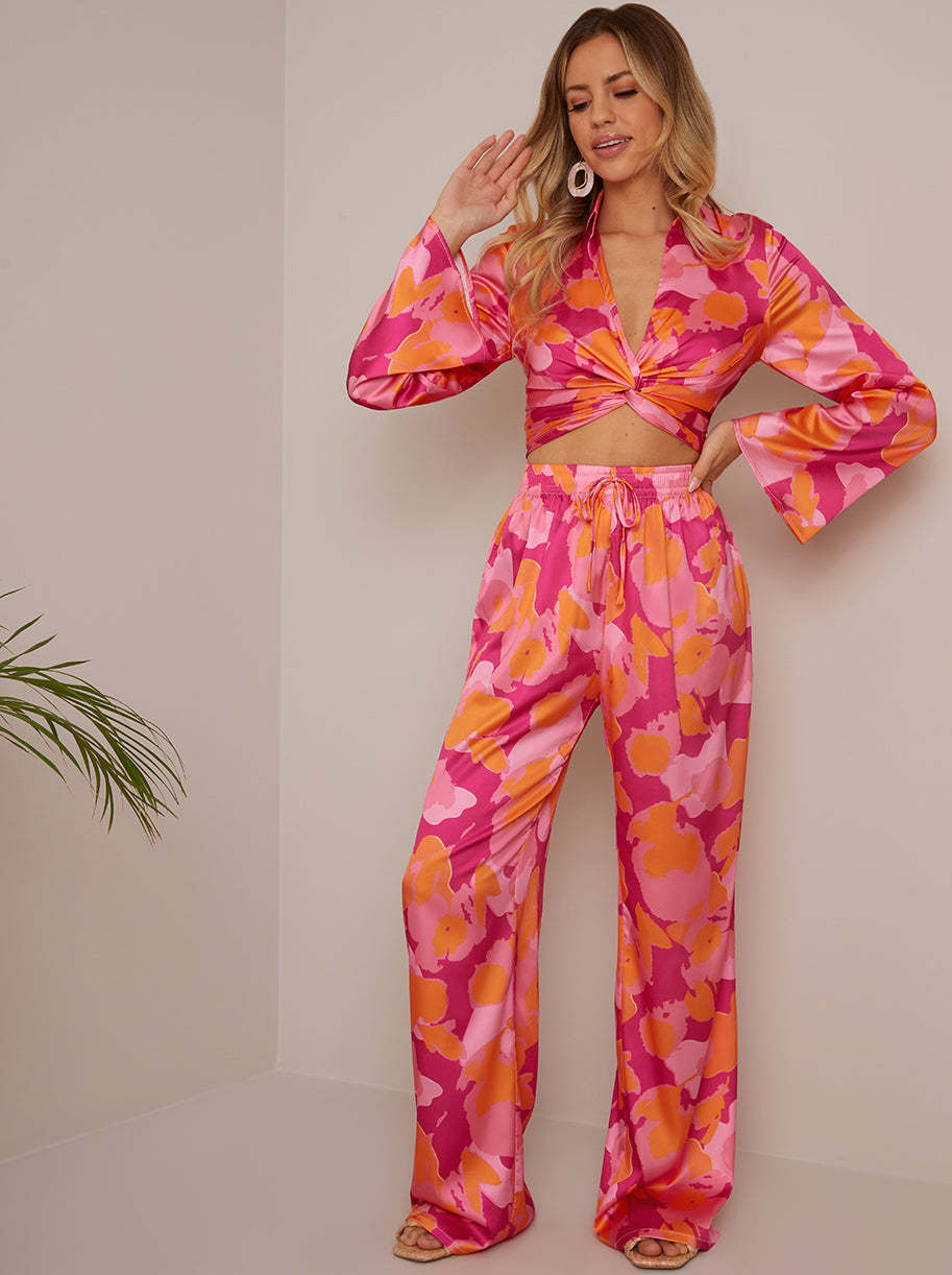 Satin Wide Leg Elasticated Waist Abstract Print in Pink