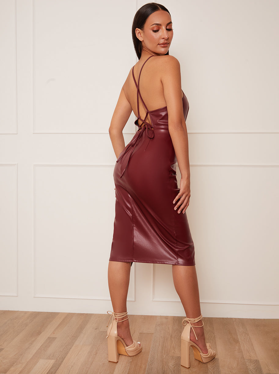 Petite Halter Neck Bodycon Faux Leather Midi Dress in Wine Chi Chi London