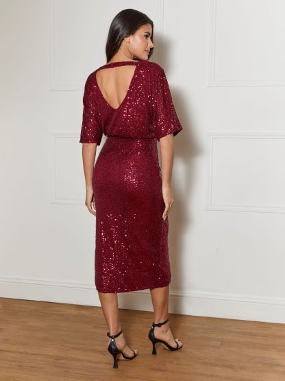 V Neck Sequin Midi Dress in Red