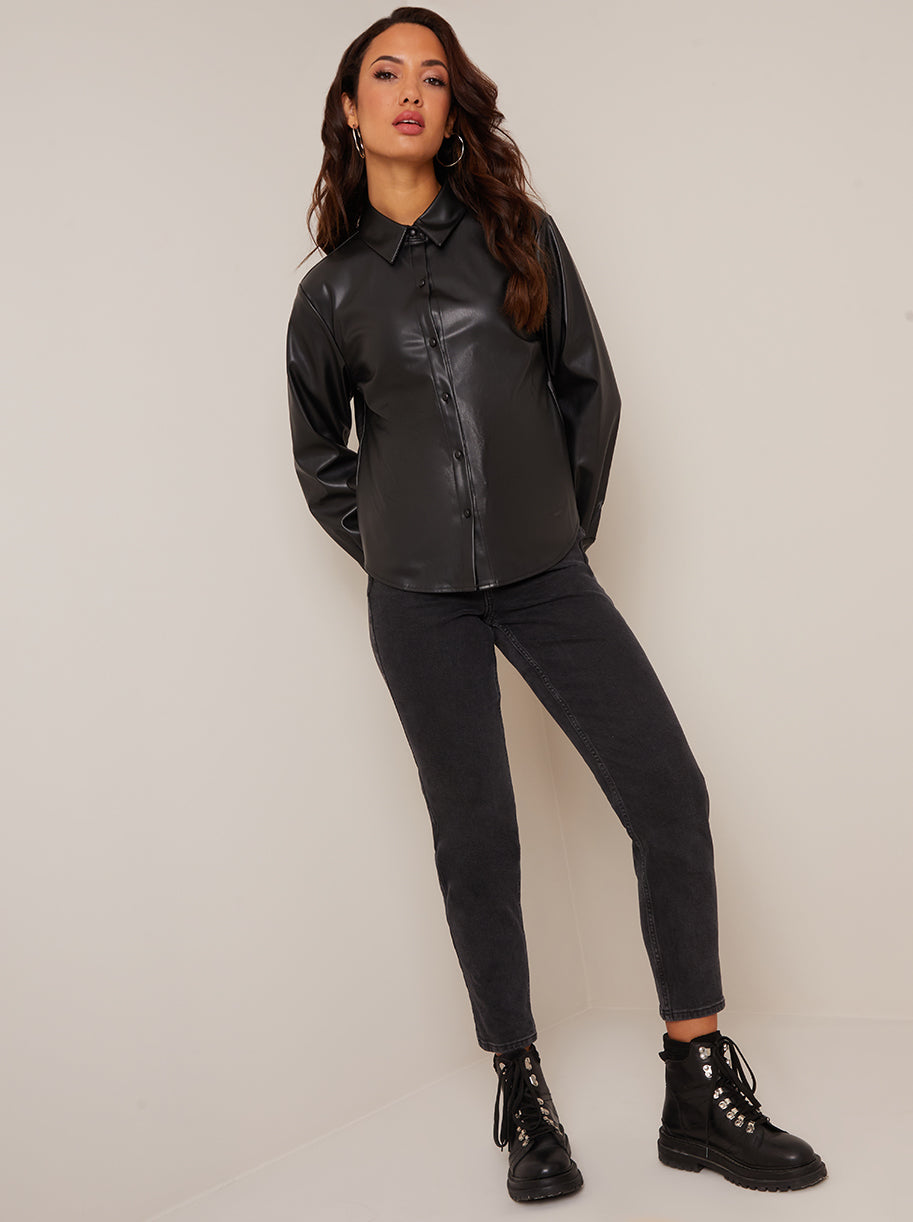 Long Sleeve Faux Leather Shirt in Black | Chi Chi London UK