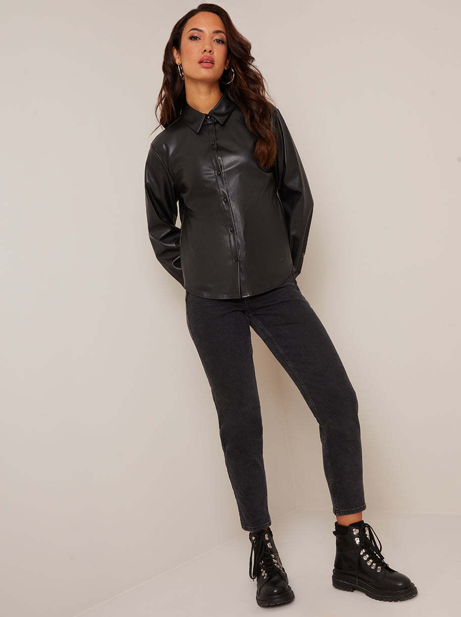 Long Sleeve Faux Leather Shirt in Black