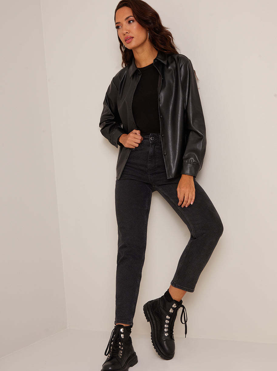 Long Sleeve Faux Leather Shirt in Black