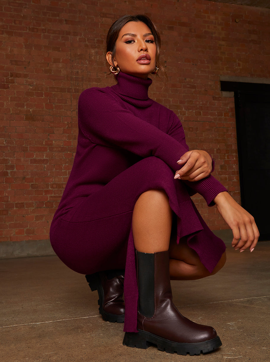 Oversized Roll Neck Knitted Dress in Berry