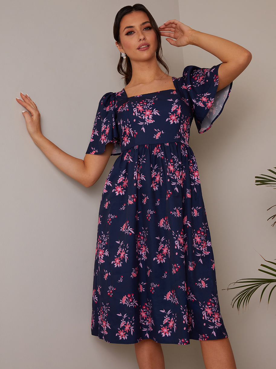 Petite Square Neck Ditsy Floral Midi Dress in Navy