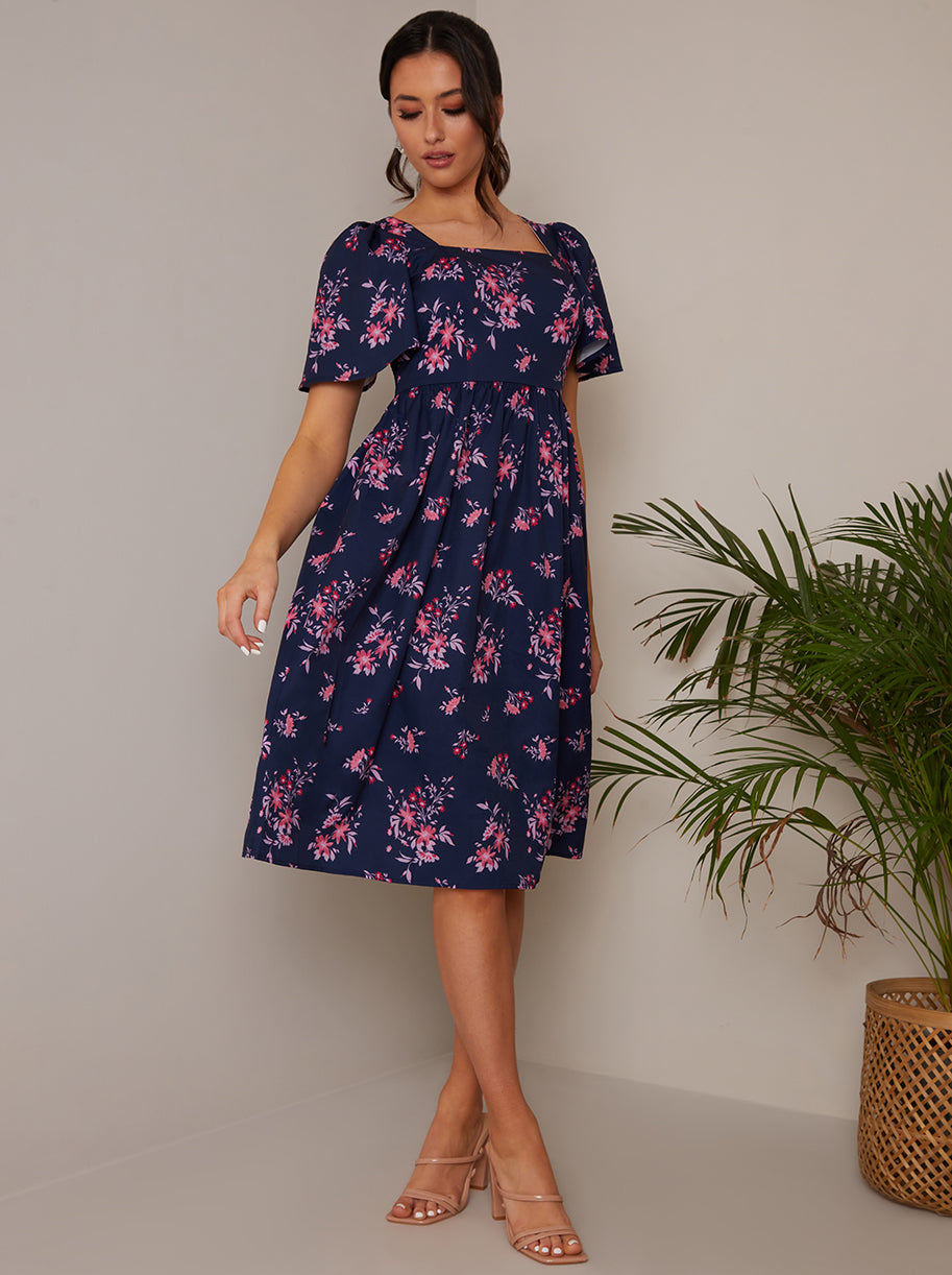 Petite Square Neck Ditsy Floral Midi Dress in Navy