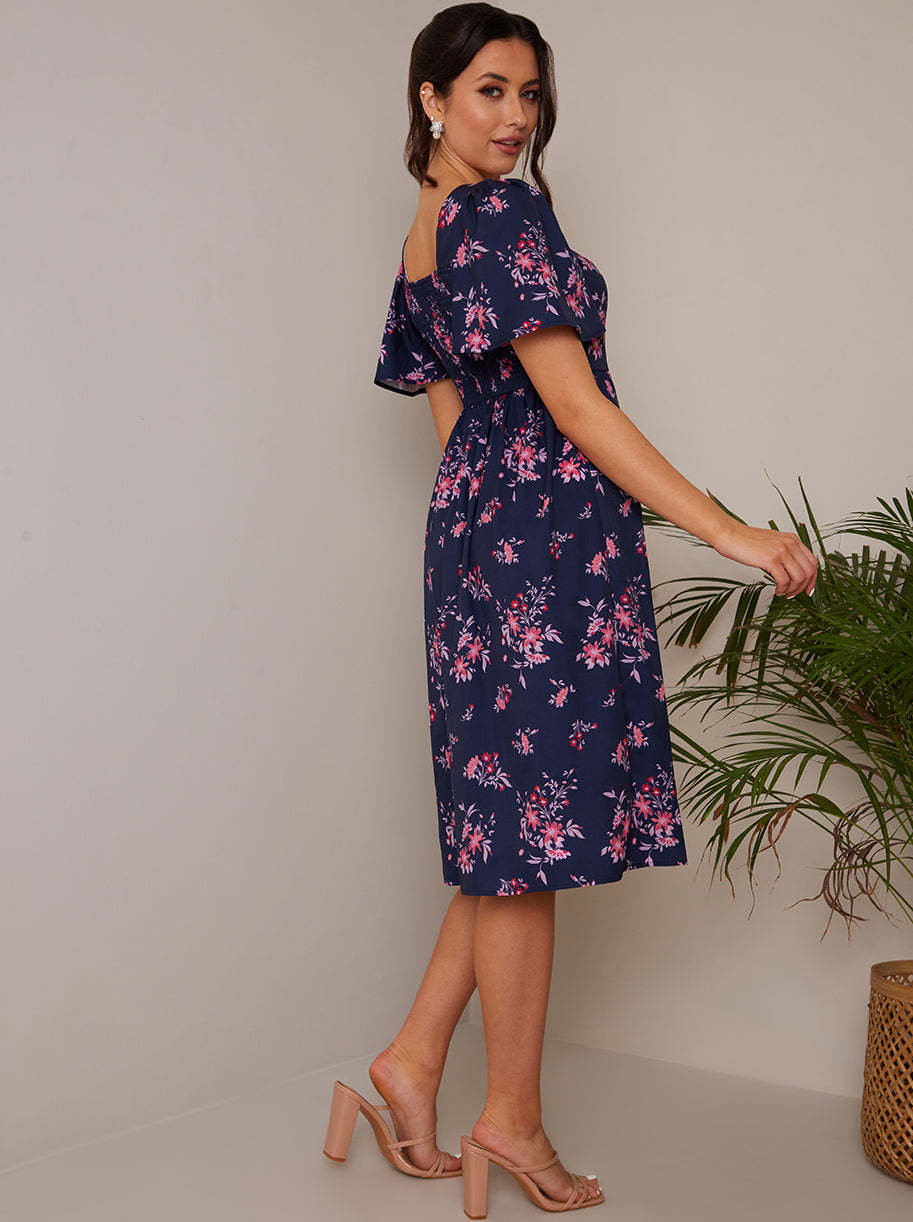 Petite Square Neck Ditsy Floral Midi Dress in Navy