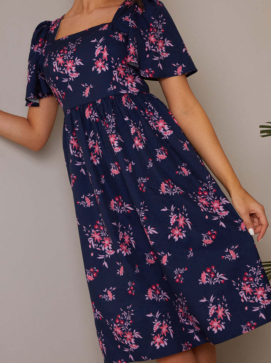 Petite Square Neck Ditsy Floral Midi Dress in Navy
