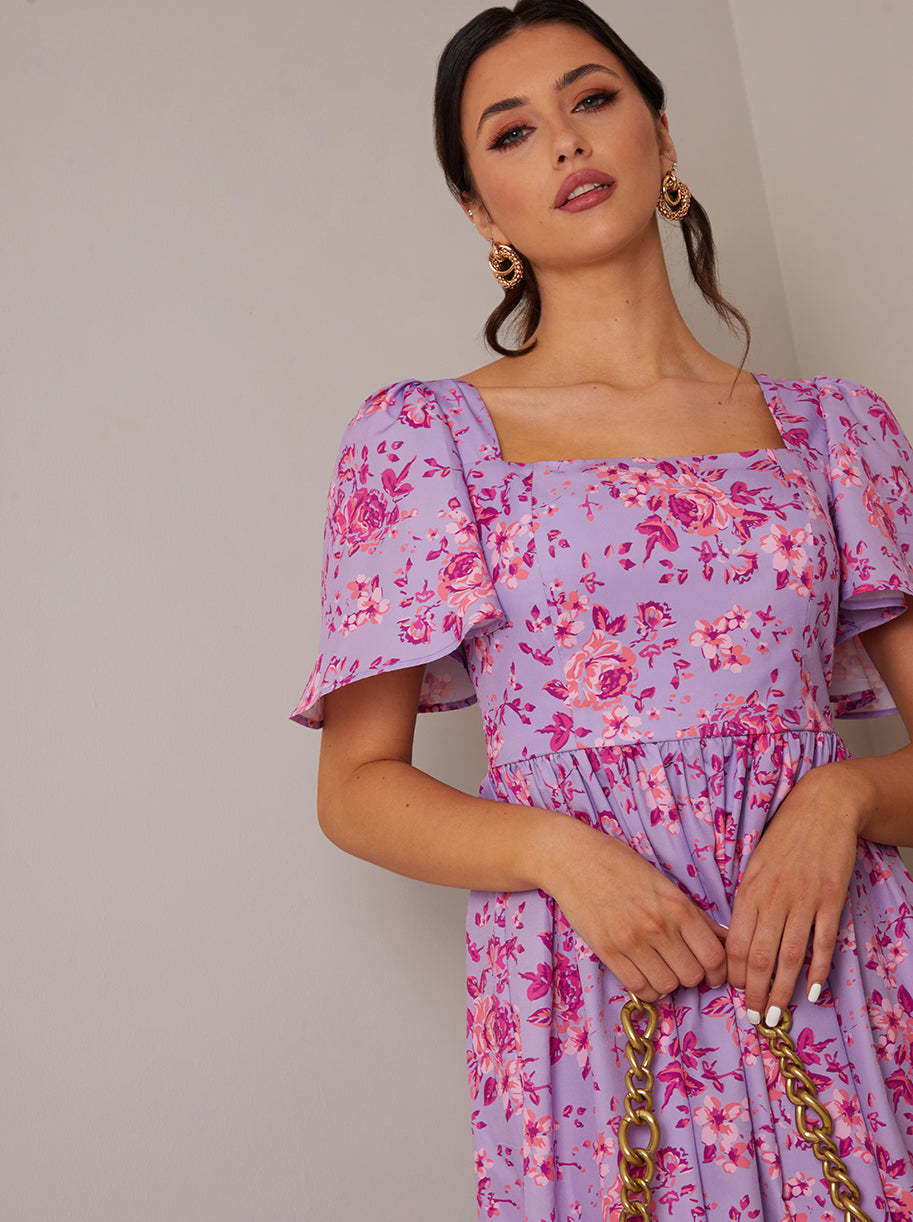 Square Neck Ditsy Floral Midi Dress in Purple