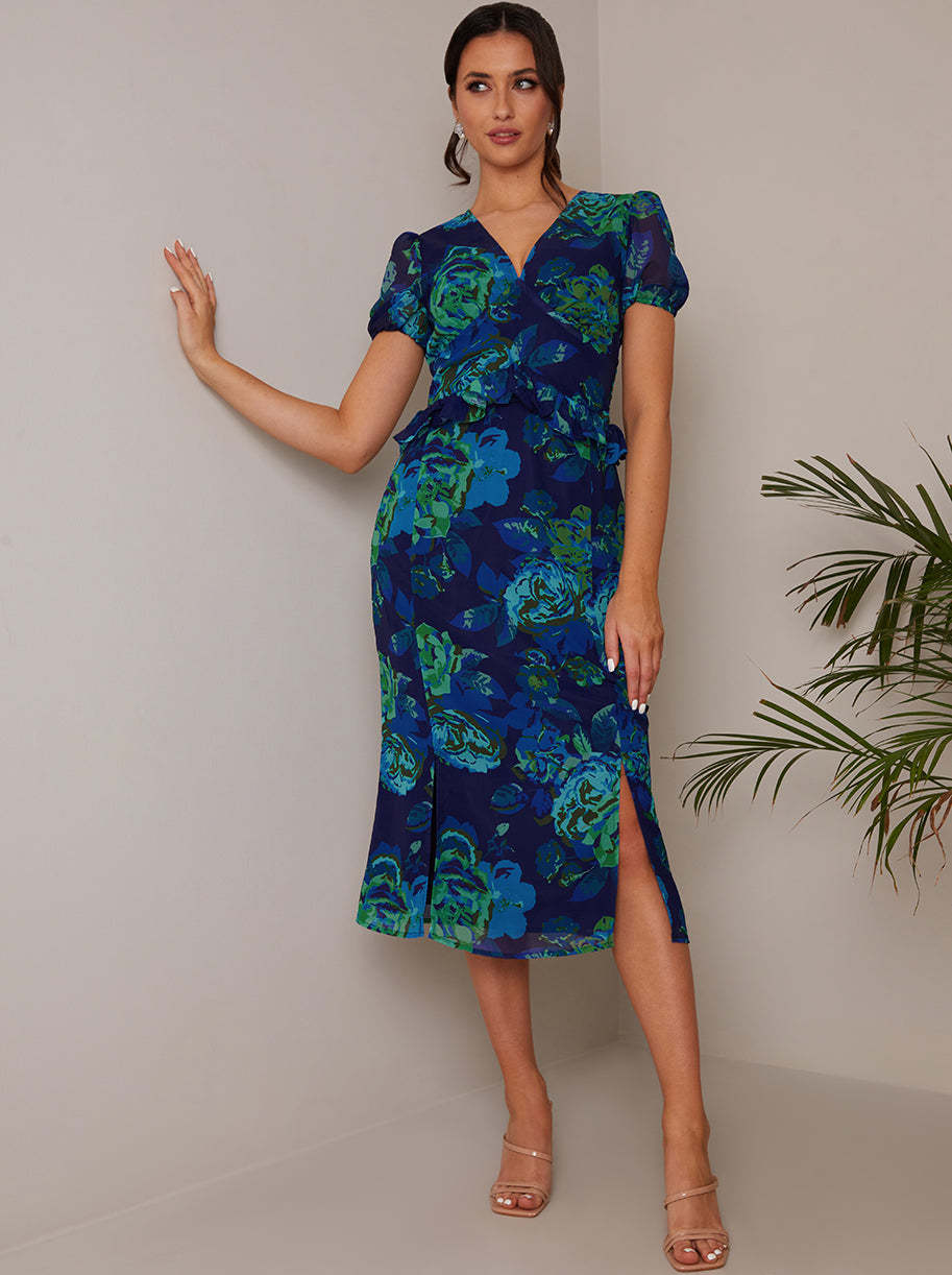FLORAL SHORT SLEEVE RUFFLE DETAIL MIDI DRESS main image 1