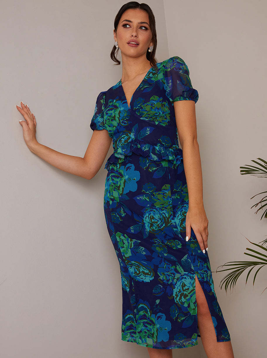 Petite Puff Sleeve Ruffle Detail Floral Midi Dress in Navy