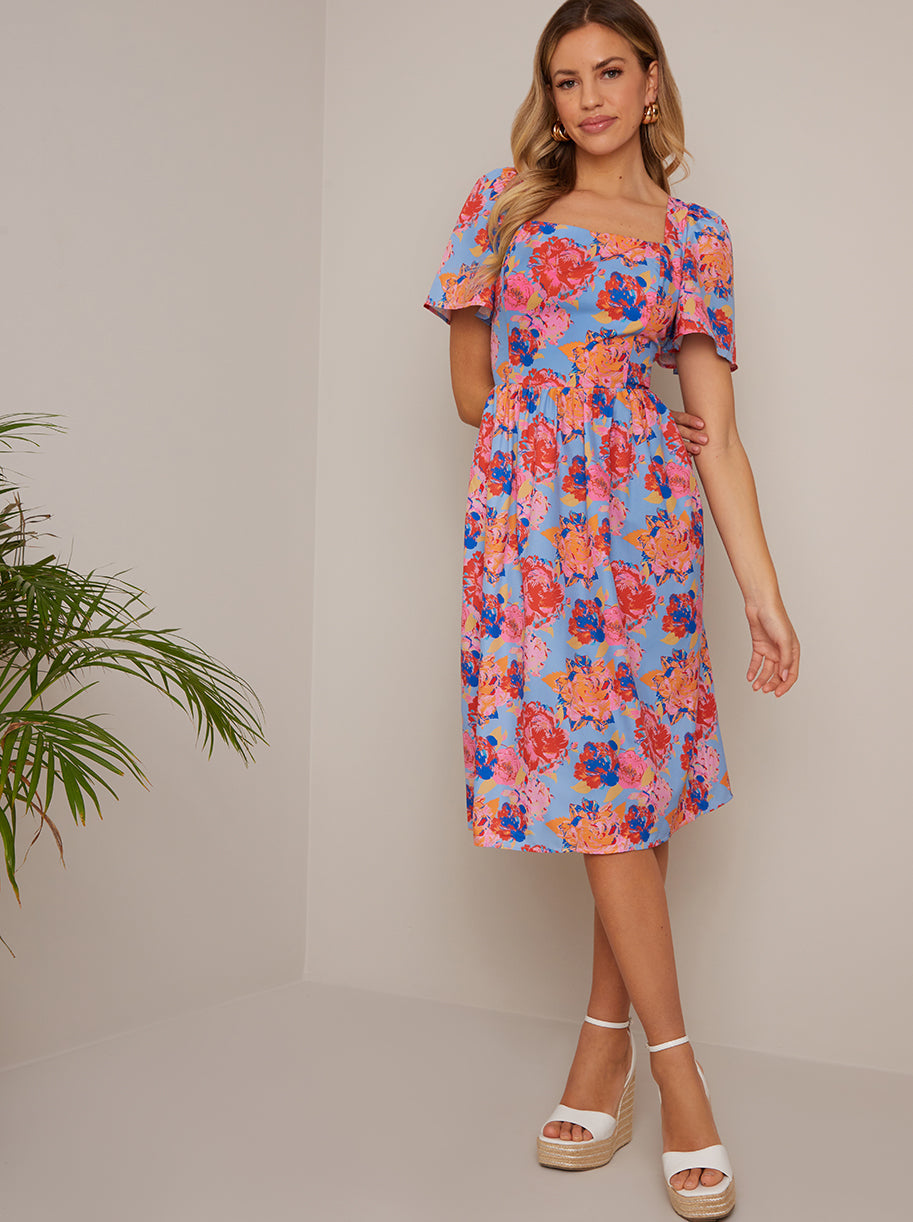 Petite Square Neck Floral Midi Dress in Blue