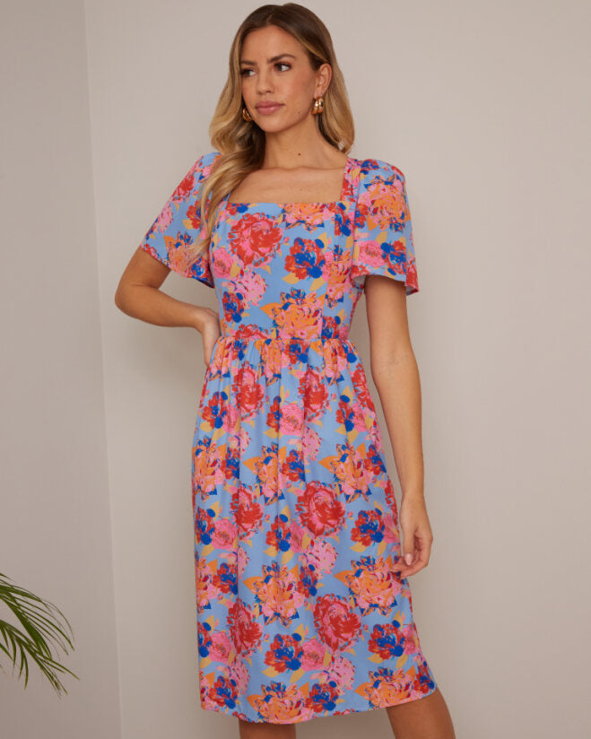 Petite Square Neck Floral Midi Dress in Blue