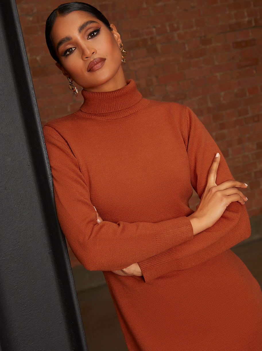 Oversized Roll Neck Knitted Dress in Burnt Orange