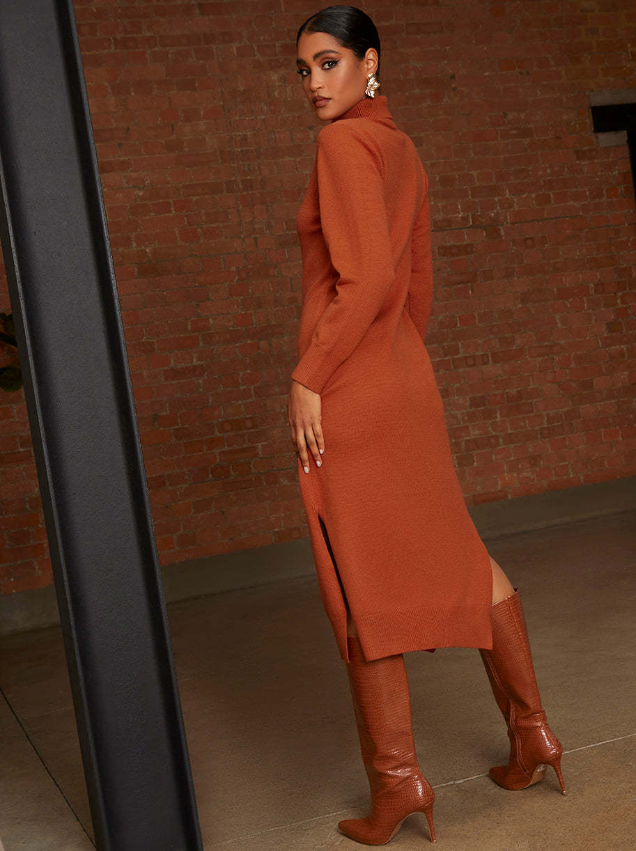 Oversized Roll Neck Knitted Dress in Burnt Orange