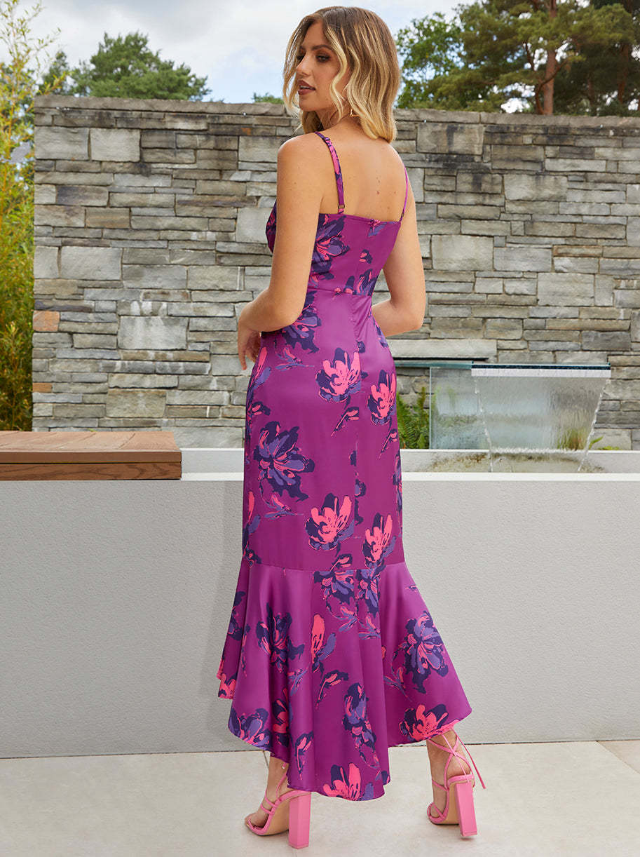 Asymmetric Neck Floral Satin Midi Dress in Purple