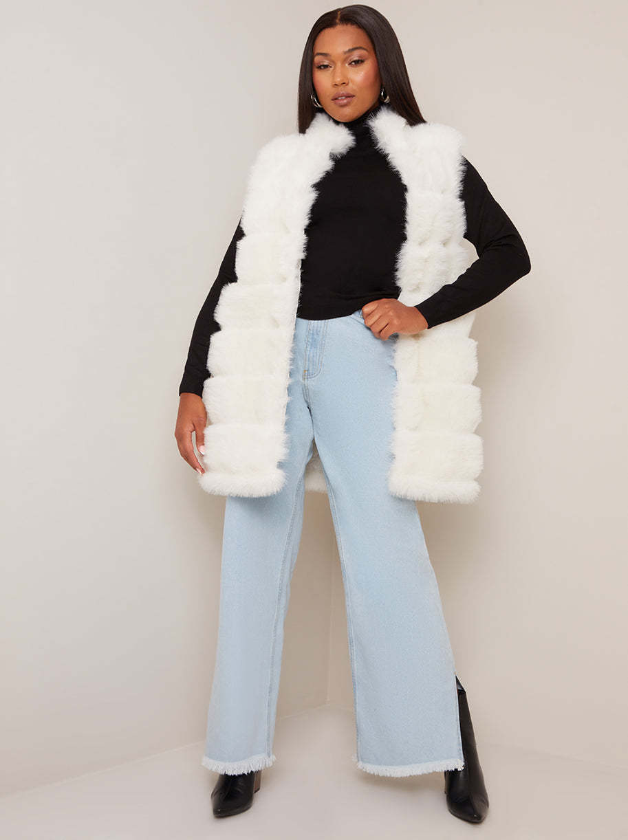 Faux Fur Stripe Gilet in Cream
