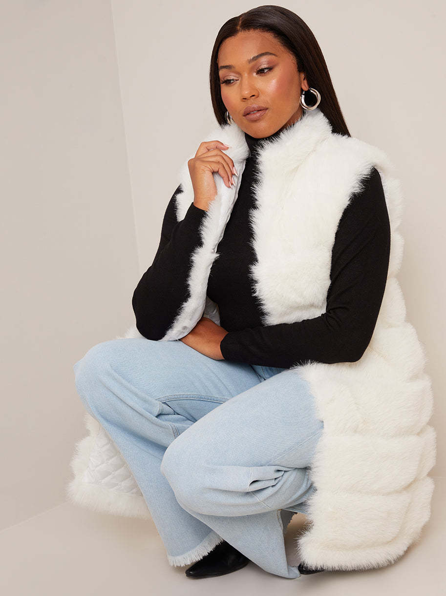 Faux Fur Stripe Gilet in Cream