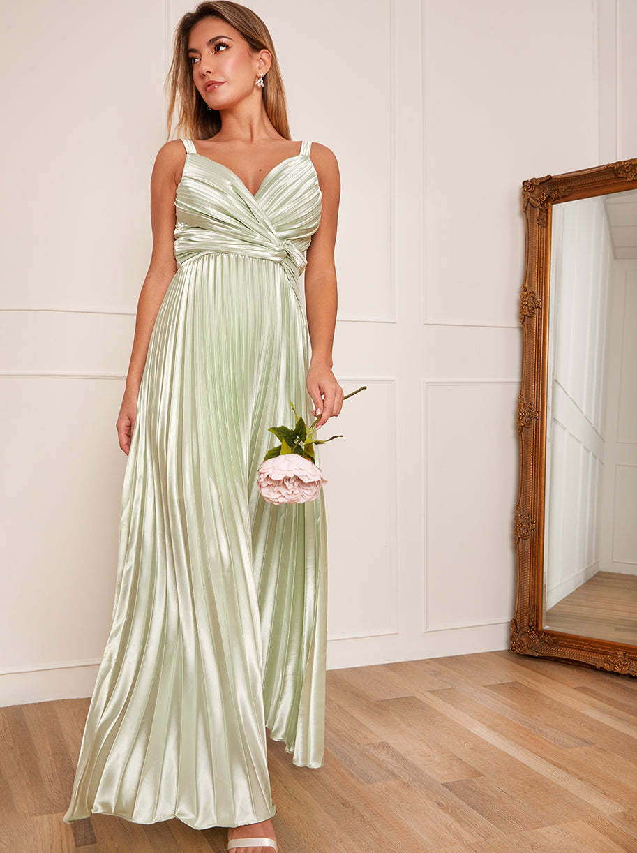 Satin Cami Strap Pleated Maxi Dress in Mint