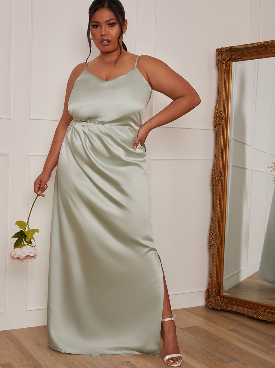 Plus Size Satin Cami Strap Maxi Dress in Mint