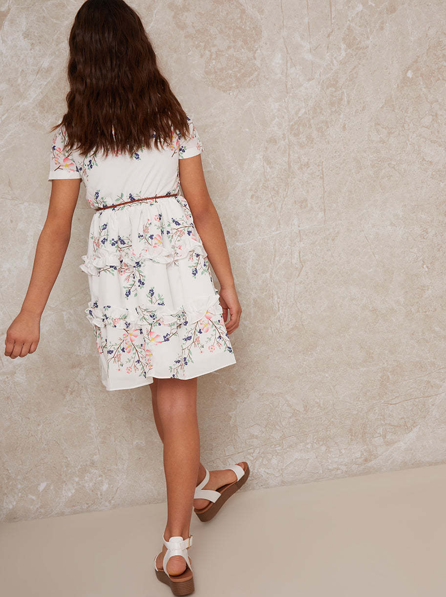 Girls Floral Ruffle Shirt Dress in White
