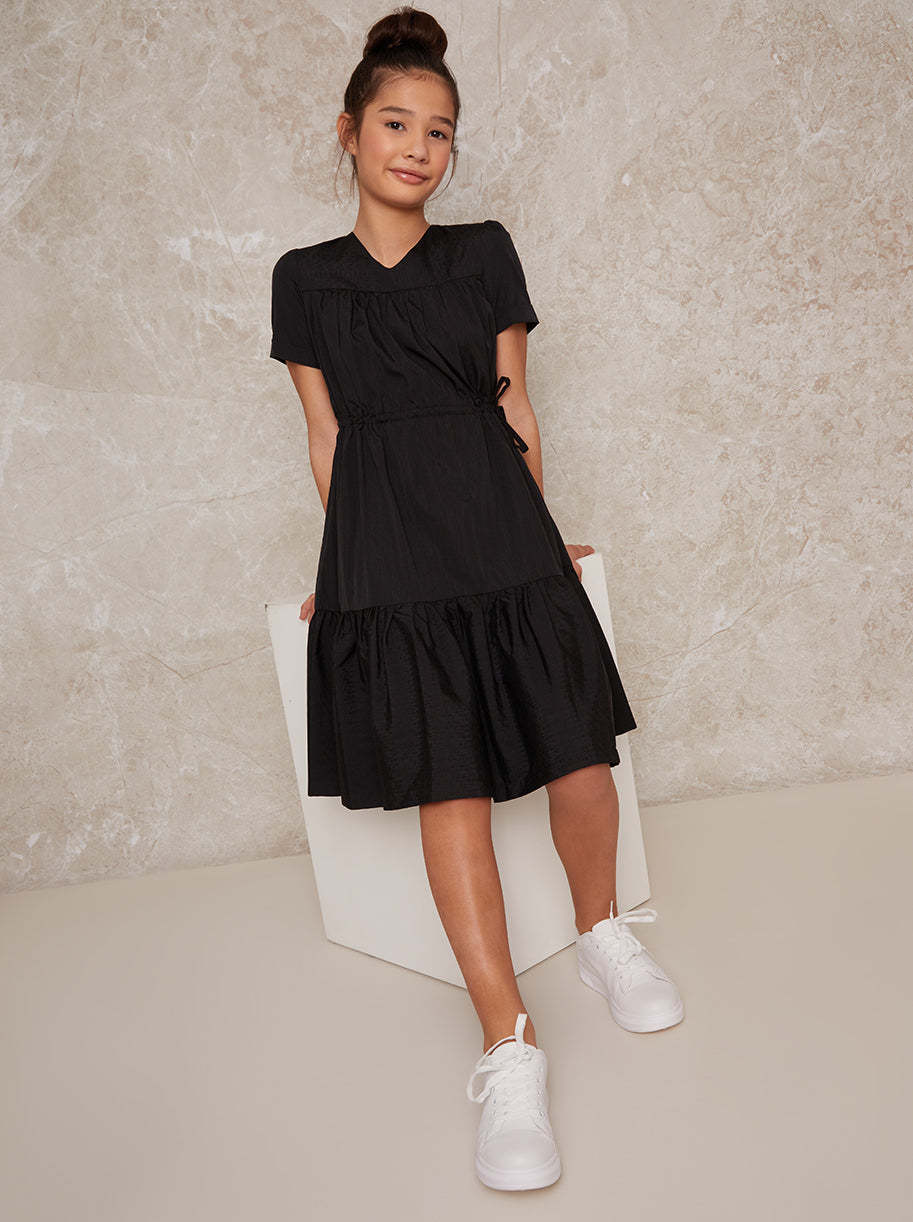 Girls Cap Sleeve Midi Dress in Black