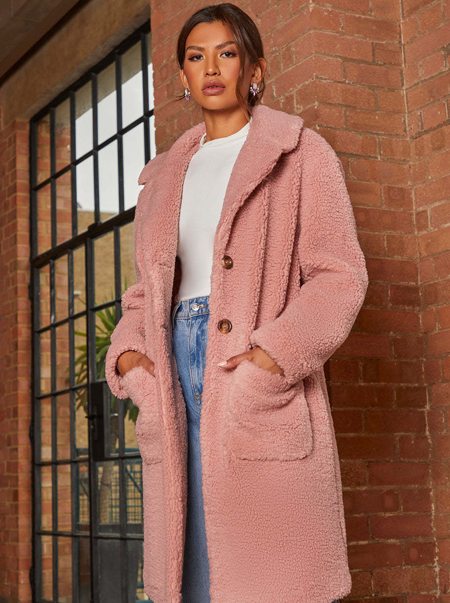 Long pink teddy coat deals