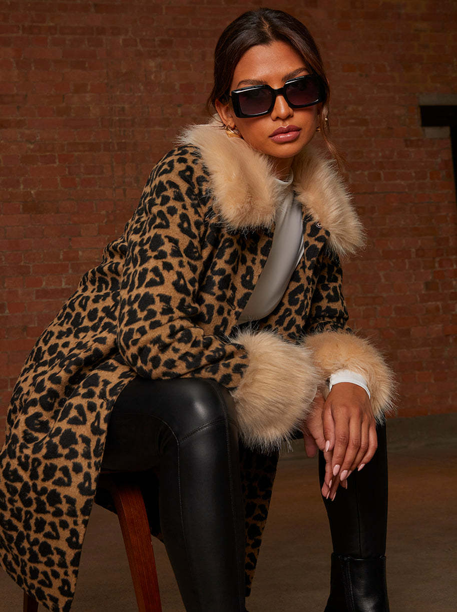 Leather Trench Coat Coat With Fur Cuffs And Collar Leopard Print