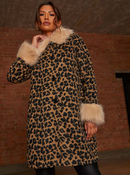 Leopard Print Contrast Faux Fur Trim Coat in Brown