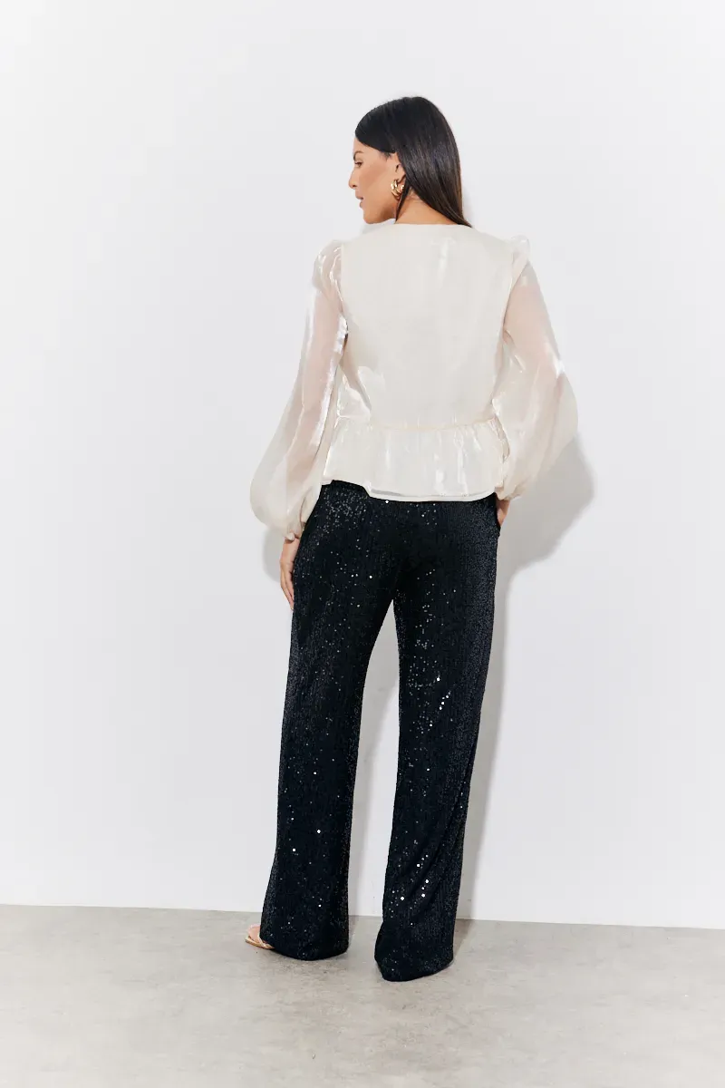 In The Style Organza Tie Front Puff Sleeve Top in Cream