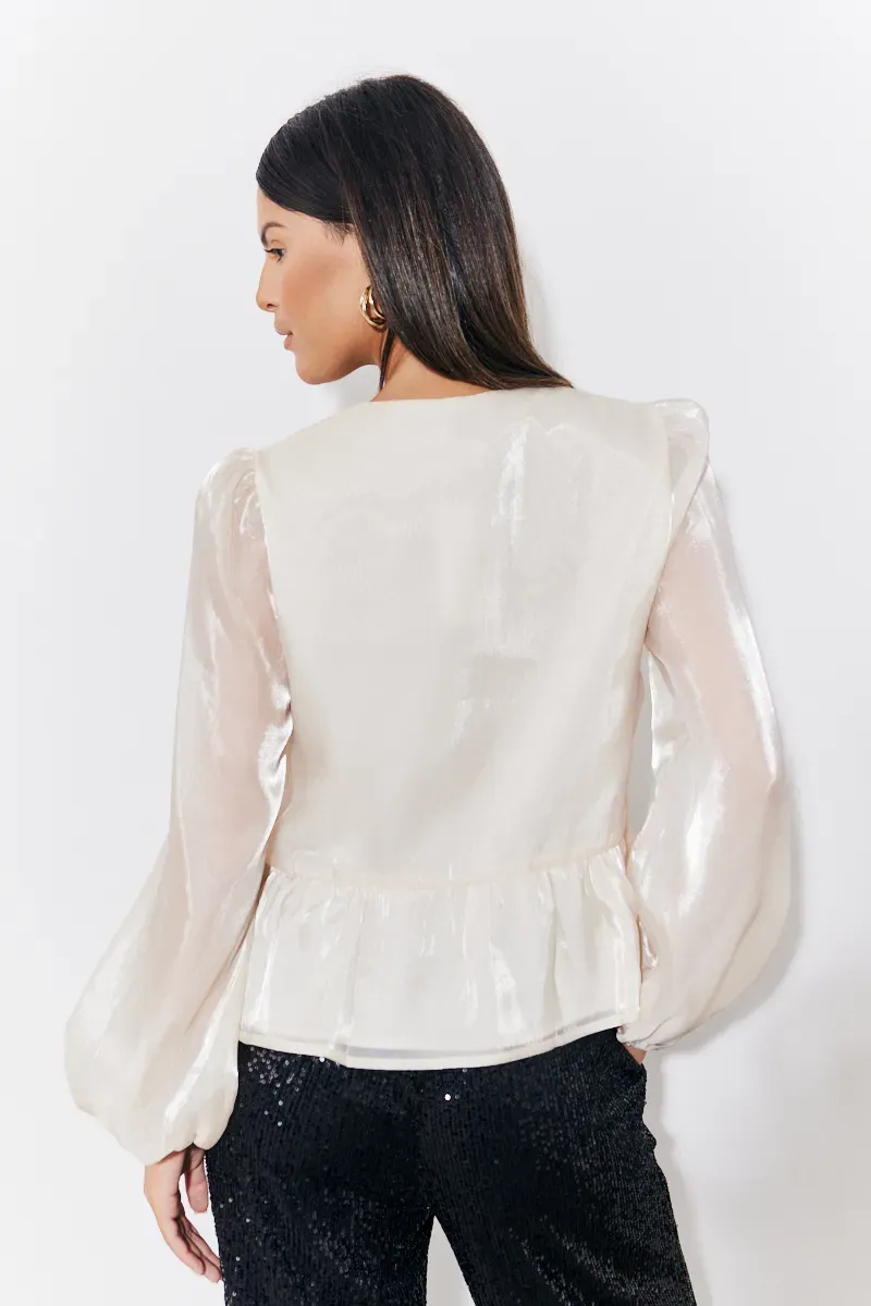 In The Style Organza Tie Front Puff Sleeve Top in Cream