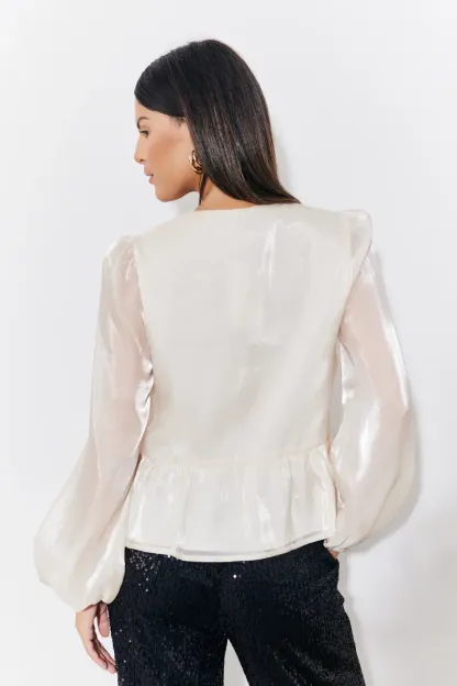 In The Style Organza Tie Front Puff Sleeve Top in Cream